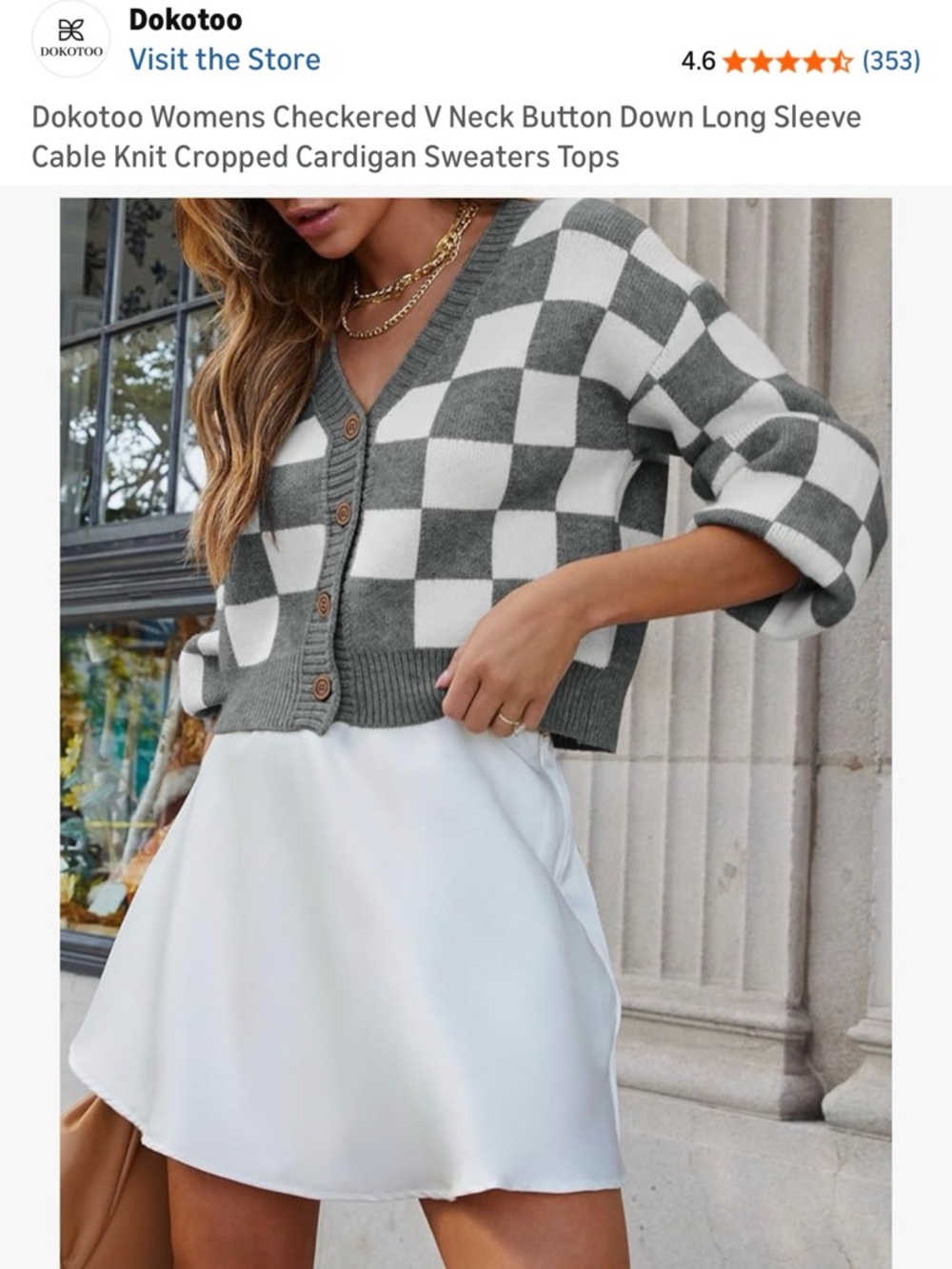 Gray & White Checkered V-Neck Cropped Cardigan Sweater